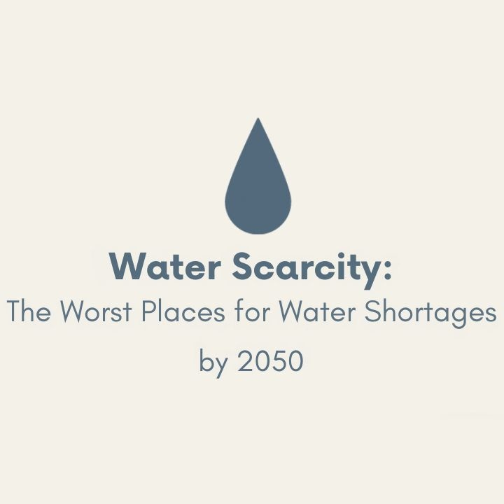 Graphic of a water droplet alongside the text "Water Scarcity: The Worst Places For Water Shortages by 2050"